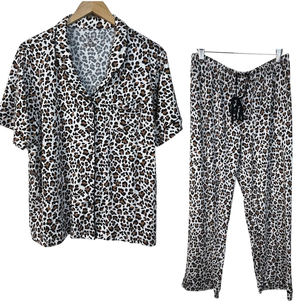 Flora by Flora Nikrooz Leopard Print Pajama‎ Set Women's L Cozy Lounge